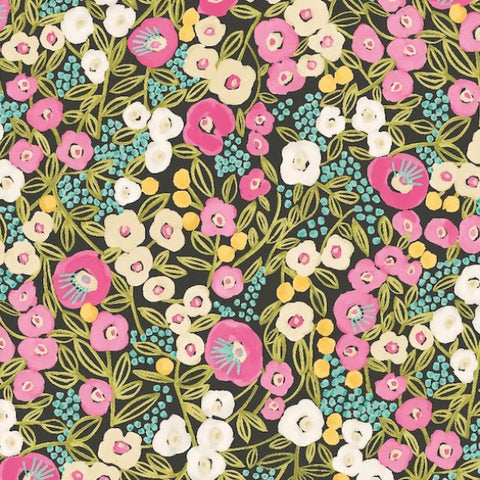 OHPOPSI Wallpaper Flora Ditsy Colourway Fuchsia & Jet Close Up Image