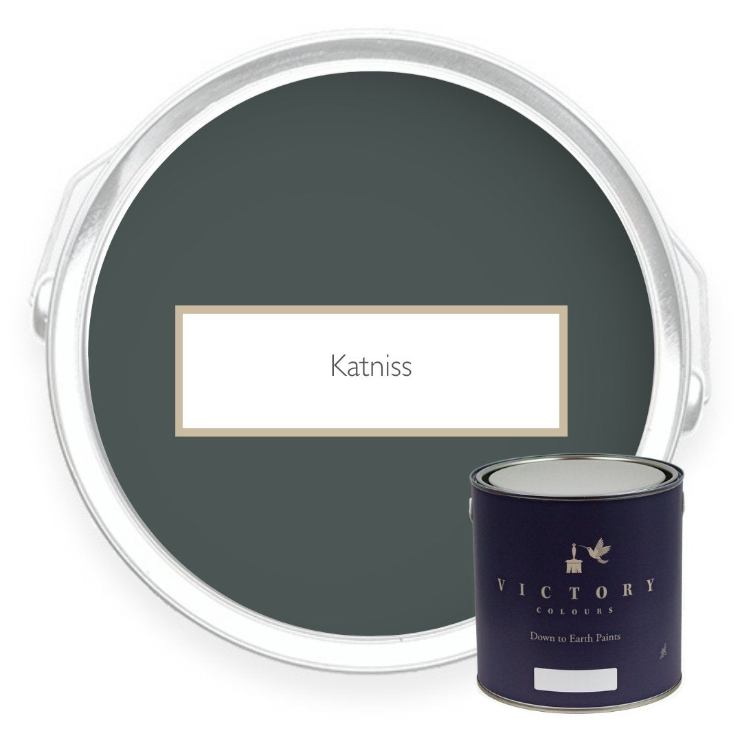 Two tins of Katniss dark green eco paint from Victory Colours