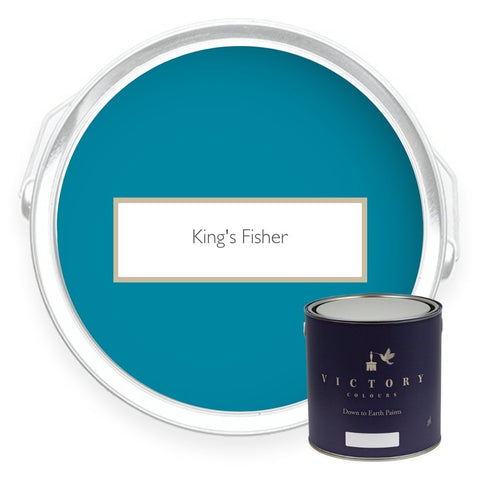 Two tins of King's Fisher teal blue eco paint from Victory Colours