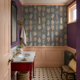 Grey botanical wallpaper in a cloakroom, Leaf Boogie Charcoal Mix by OHPOPSI, with joinery painted in Dorothy's Slippers