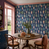 Blue botanical wallpaper in a breakfast room, Leaf Boogie Ink Twist by OHPOPSI, with joinery painted in Blue Dragoon