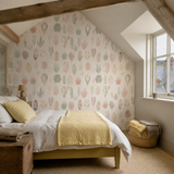 Neutral botanical wallpaper in a bedroom, Leaf Boogie Linen by OHPOPSI, with joinery painted in Meadow Lilly