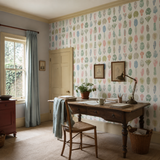 Green botanical wallpaper in an office, Leaf Boogie Pastel by OHPOPSI, with joinery painted in Jam First