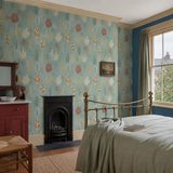 Teal botanical wallpaper in a bedroom, Leaf Boogie Seafoam by OHPOPSI, with joinery painted in Jam First