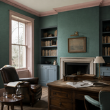Paintable textured wallpaper in a library, Lincolnshire Brick RD812, painted in Goose Green