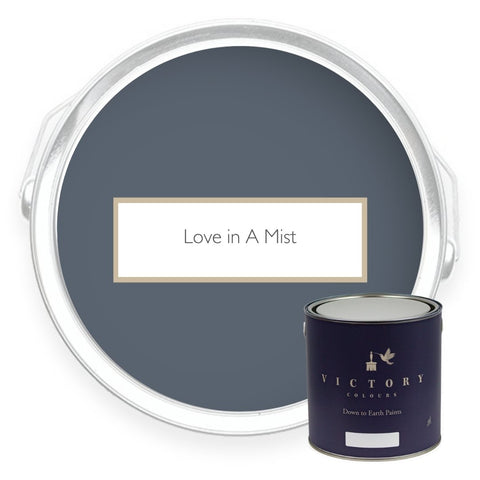 Two tins of Love in the Mist deep blue eco paint from Victory Colours
