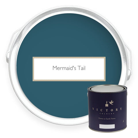 Two tins of Mermaid's Tail deep teal eco paint from Victory Colours