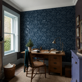 Blue floral wallpaper in an office, Milana Graphite Blue by Olenka, with joinery painted in Bluebell Wood