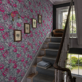 Grey floral wallpaper in a stairwell, Milana Hot Pink & Grey by Olenka, with joinery painted in Pink Kiss