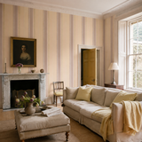 Orange striped wallpaper in a drawing room, Multi Stripe - Amber Mix by OHPOPSI, with joinery painted in Meadow Lilly