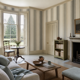 Grey striped wallpaper in a morning room, Multi Stripe - Slate Mix by OHPOPSI, with joinery painted in Freaky Leaves