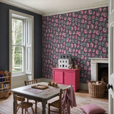 Grey floral wallpaper in a playroom, Neva Pink & Grey by Olenka, with joinery painted in Pink Kiss