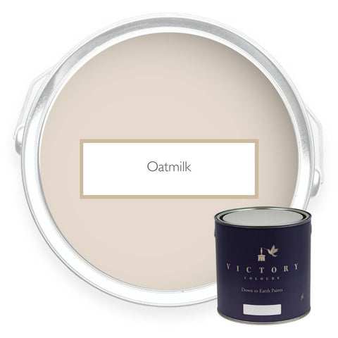 Two tins of Oatmilk taupe neutral eco paint from Victory Colours