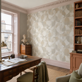 Neutral geometric wallpaper in a study, Orb - Fossil by OHPOPSI, with joinery painted in The Donald