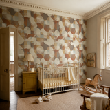 Orange geometric wallpaper in a nursery, Orb - Fox by OHPOPSI, with joinery painted in Meadow Lilly
