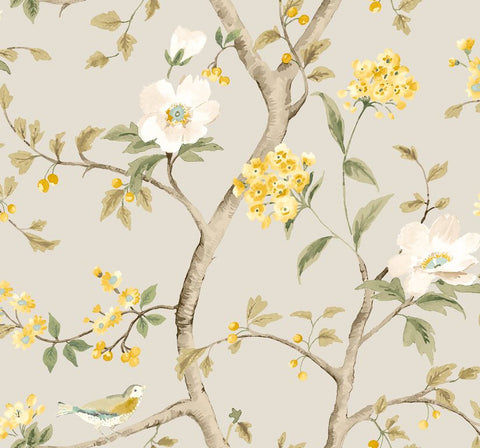 Purity Bird Song Silver wallpaper by Hoopla Walls, a grey floral design