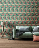 Eden Vol 1 Chrysanthemum Green & Pink wallpaper by Hoopla Walls in a styled living room