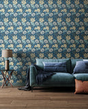 Eden Vol 1 Chrysanthemum Navy Mix wallpaper by Hoopla Walls in a styled living room