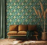 Eden Vol 1 Lily Ogee Emerald Green wallpaper by Hoopla Walls in a styled living room