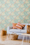 Eden Vol 1 Lily Ogee Duckegg Blue wallpaper by Hoopla Walls in a styled living room