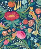Riches of Nature Clementine Ink & Flamingo wallpaper by Ohpopsi, a blue floral design