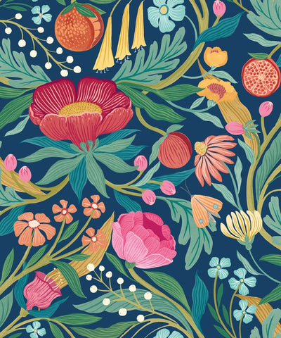 Riches of Nature Clementine Ink & Flamingo wallpaper by Ohpopsi, a blue floral design