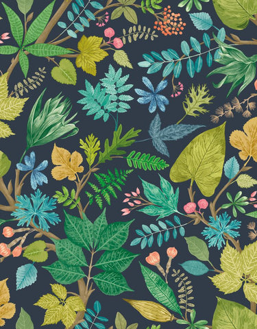 Riches of Nature Lush Leaves Midnight Garden wallpaper by Ohpopsi, a blue leaf design