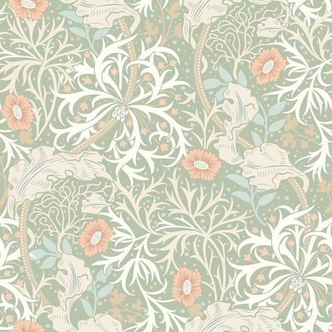 Eden Vol 1 Seaweed Garden Sage & Apricot wallpaper by Hoopla Walls, a green leaf design