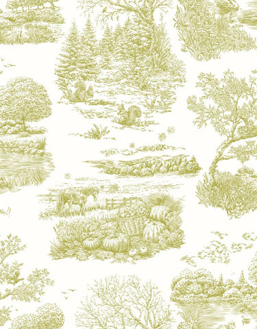 Riches of Nature Eve Toile Olive wallpaper by Ohpopsi, a green toile design