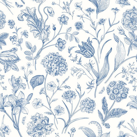 Purity Floral Toile Royal Blue wallpaper by Hoopla Walls, a blue toile design