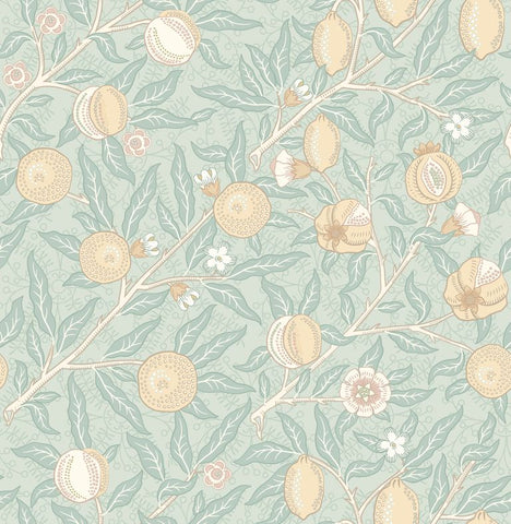 Eden Vol 2 Fruit & Foliage Seafoam & Straw wallpaper by Hoopla Walls, a teal leaf design
