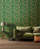 Eden Vol 1 Rosehip Trail Forest Green wallpaper by Hoopla Walls in a styled living room