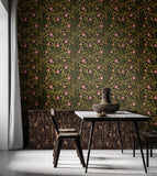 Eden Vol 1 Rosehip Trail Aubergine wallpaper by Hoopla Walls in a styled dining room