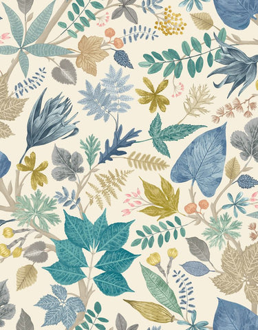 Riches of Nature Lush Leaves Denim & Stone wallpaper by Ohpopsi, a blue leaf design