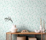 Purity Floral Toile Duck Egg Blue wallpaper by Hoopla Walls shown on a full wall