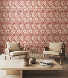 Eden Vol 1 Chrysanthemum Ruby Red wallpaper by Hoopla Walls in a styled living room