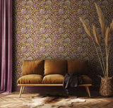 Eden Vol 1 Honeysuckle Leaf Trail Aubergine wallpaper by Hoopla Walls in a styled living room