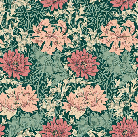 Eden Vol 1 Chrysanthemum Green & Pink wallpaper by Hoopla Walls, a green floral design
