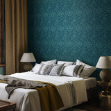 Elegance Damask Trail Rich Teal wallpaper by Hoopla Walls shown on a full wall