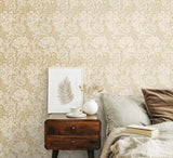 Eden Vol 1 Chrysanthemum Flax wallpaper by Hoopla Walls in a styled bedroom