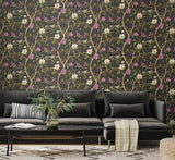 Purity Bird Song Plum & Noir wallpaper by Hoopla Walls shown on a full wall