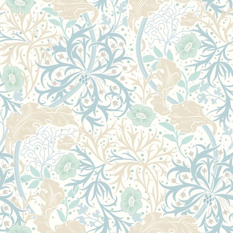 Eden Vol 1 Seaweed Garden Soft Blue wallpaper by Hoopla Walls, a blue leaf design