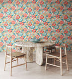 Riches of Nature Emily Rose Petrol & Coral wallpaper by Ohpopsi shown on a full wall