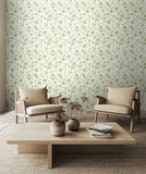 Purity Floral Toile Sage wallpaper by Hoopla Walls shown on a full wall