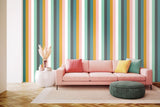 So Stripey Rainbow Bloc Carnival Pop wallpaper by Ohpopsi shown on a full wall