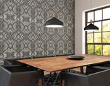 Elegance Ogee Damask Black wallpaper by Hoopla Walls shown on a full wall