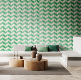 So Stripey Illusion Chevron Jade Twist wallpaper by Ohpopsi shown on a full wall