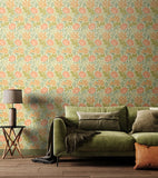 Eden Vol 1 Chrysanthemum Sage & Amber wallpaper by Hoopla Walls in a styled living room
