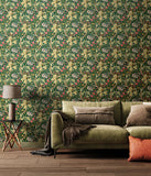 Eden Vol 1 Lily Ogee Forest Green wallpaper by Hoopla Walls in a styled living room