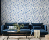 Purity Floral Toile Royal Blue wallpaper by Hoopla Walls shown on a full wall